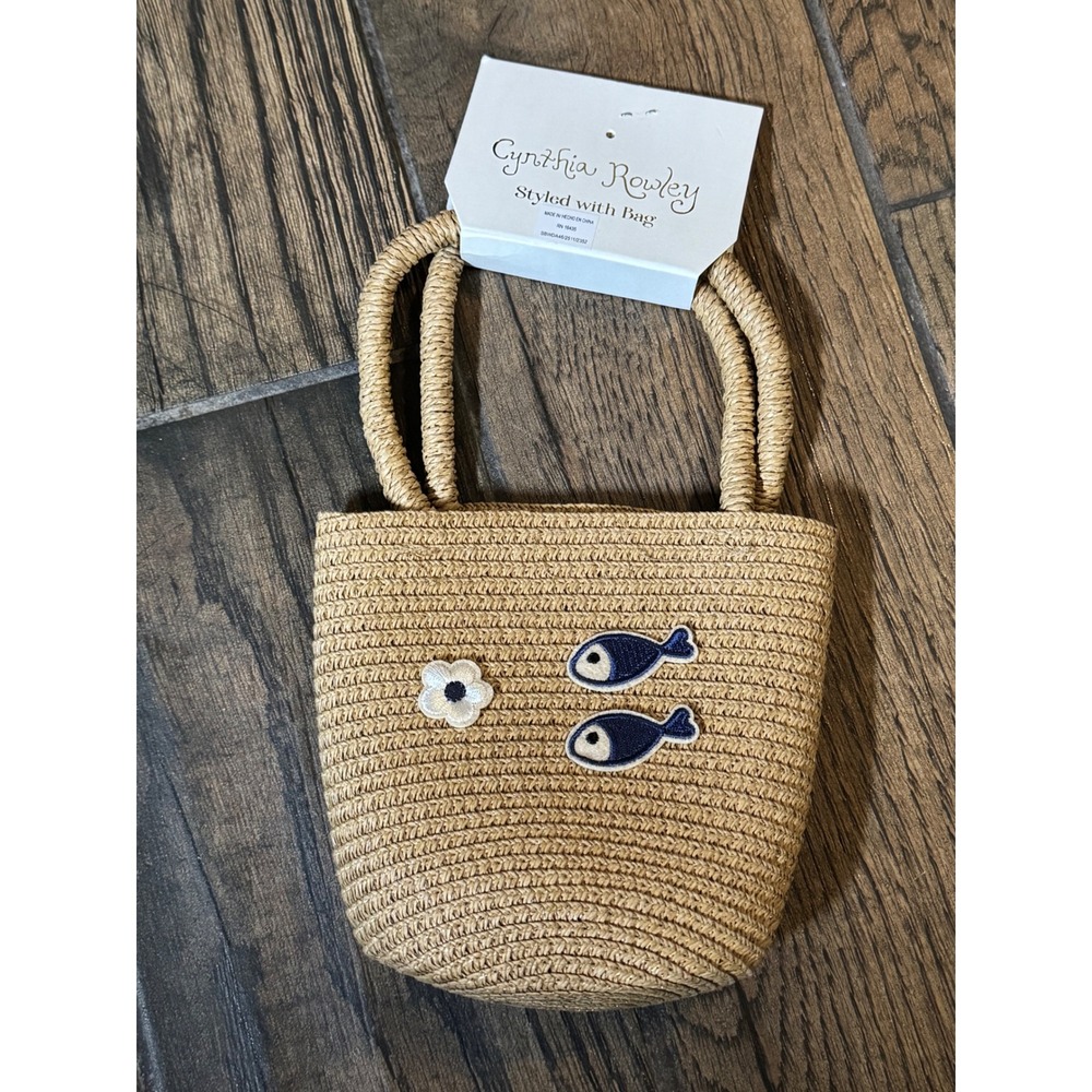 Cynthia Rowley Mini Straw Tote Bag Fish Flower Patch Woven Tan Navy NWT